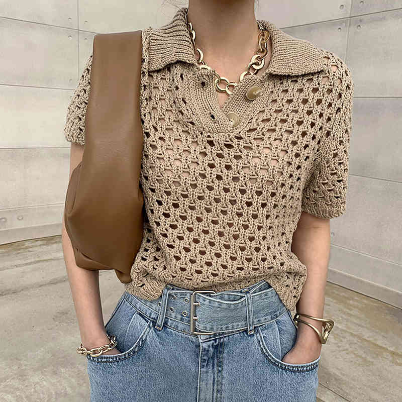 Women T-Shirt Summer Korean Chic French Retro Lapel Mesh Hollow Perspective Design Casual Short-Sleeved Sweater 210514