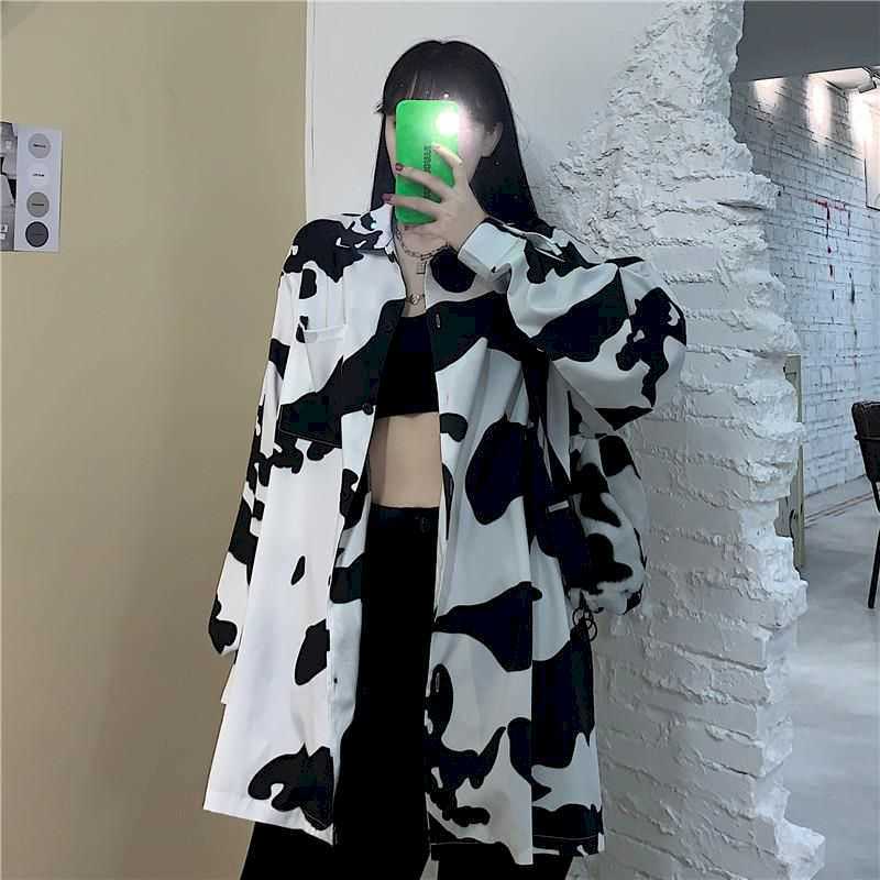Autumn Coat Korean Version Harajuku Dark Cow Print Casual Wild Loose Long-sleeved Shirt Lapel Hip-hop Style L 210526