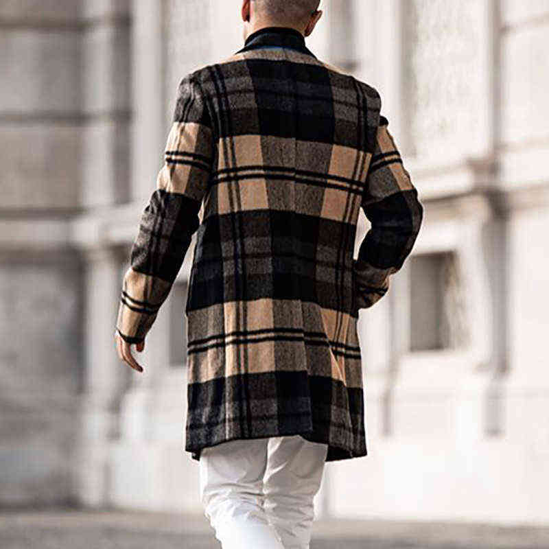 Mens Autumn Plaid Woolen Coats Casual Fashion Mid-length Overcoats Winter Elegant Male Lapel Open Stitch Size S-3XL 211122
