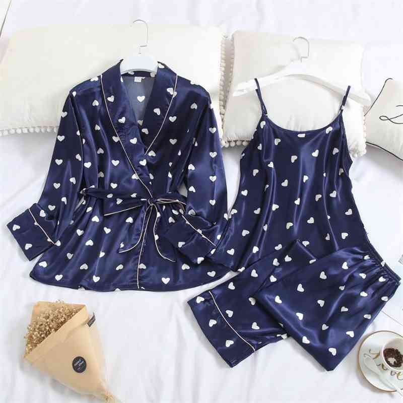 Elegant Dot Print Satin Shirt Camis Pajama Suits Elastic Full length Pants Women Loose Long Sleeve Blouse Tops 3 Pieces Set 210429
