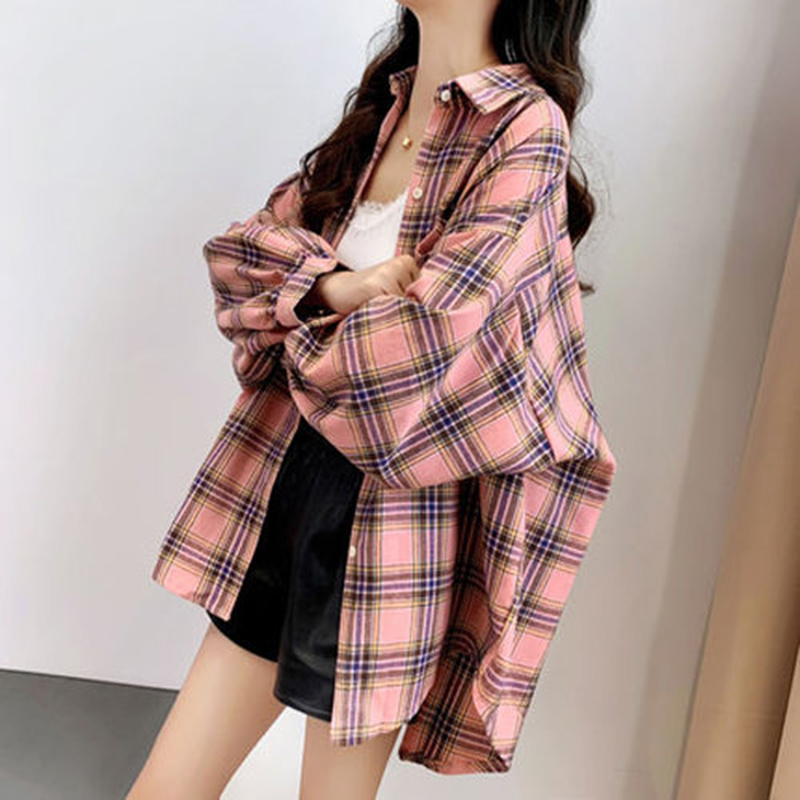 Spring Summer Korea Fashion Women Long Sleeve Turn-down Collar Plaid Shirts Loose Casual Cotton Blouse Femme Blusas S793 210512