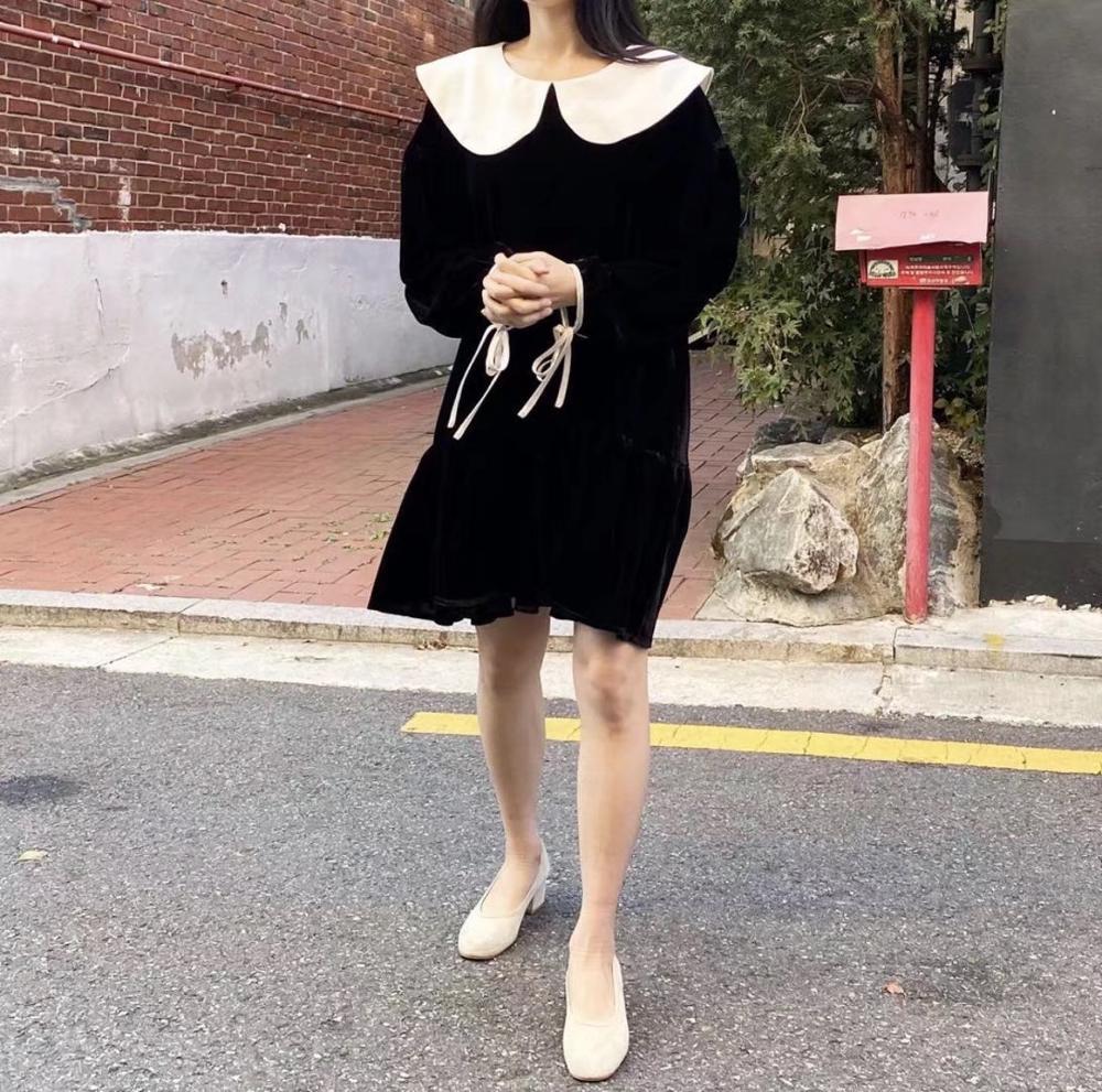 Winter Kawaii Retro Peter Pan Collar Long sleeve Short Velvet Dress Sweet Woman Loose Straight Dresses Velour 210429