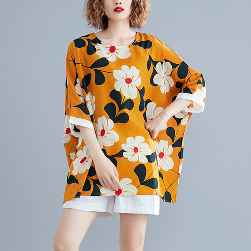Plus Size Women T-shirt Summer Loose Batwing Sleeve Flower Print Large Tshirts Femme Vintage Casual Tops Tees Big H888 210512