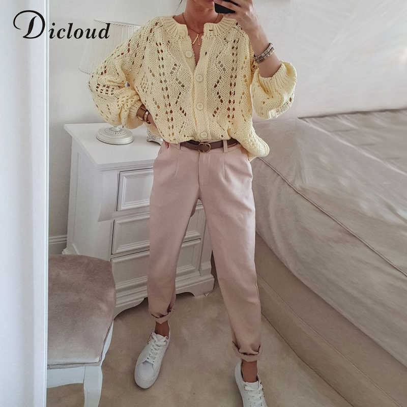 DICLOUD Blue Hollow Out Women's Cardigans Autumn Winter Round Neck Button Up Knitted Sweaters Ladies Fashion Knitwear 210928