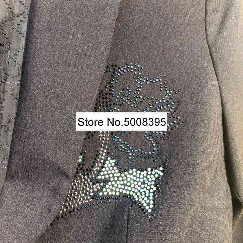 Woman Black Flowers Star Strass Decoration Blazer Single Button Long Sleeves Fashion Suit Coat SS 211122
