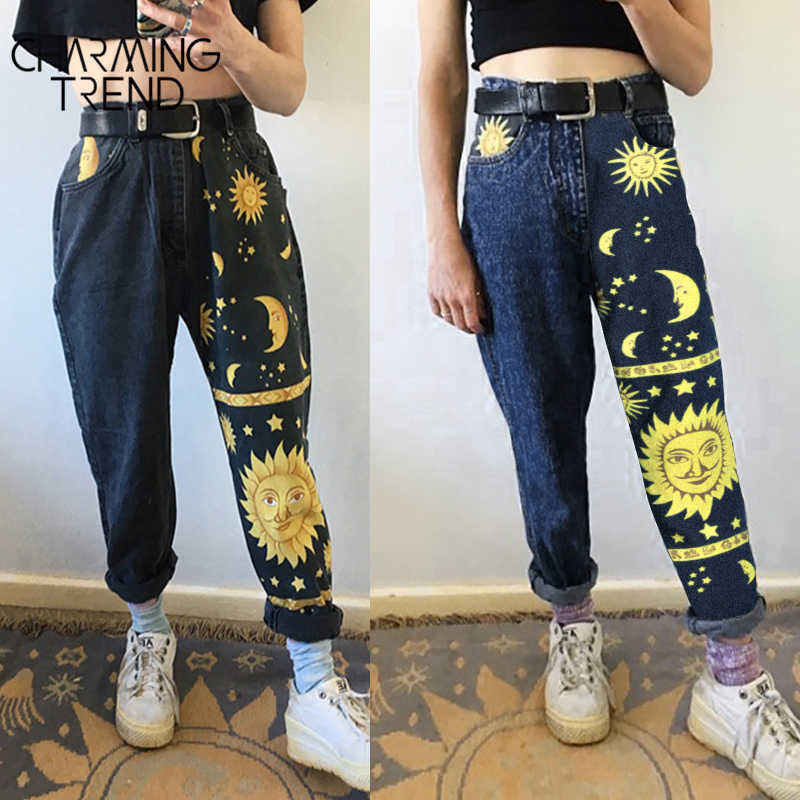Women's High waist Pant jeans Female Summer womens Jeans Trousers Girls Denim Chic Fashion Moon Star Sun Print Pant 210809