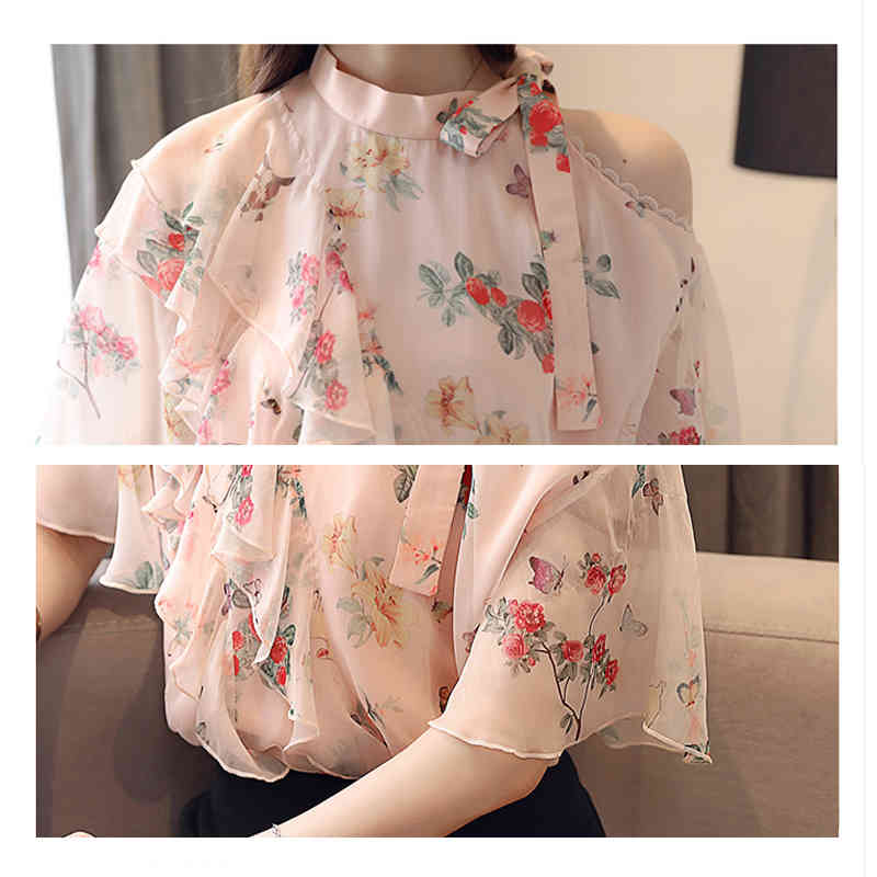 Mujer De Moda Summer Short Sleeve Floral Chiffon Blouse Women Off-Shoulder Flounced Loose-Fit Tops Blusas 8673 50 210427