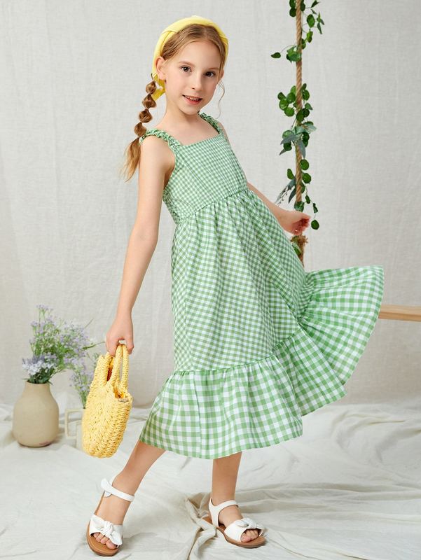 Girls Gingham Print Ruffle Hem Dress SHE