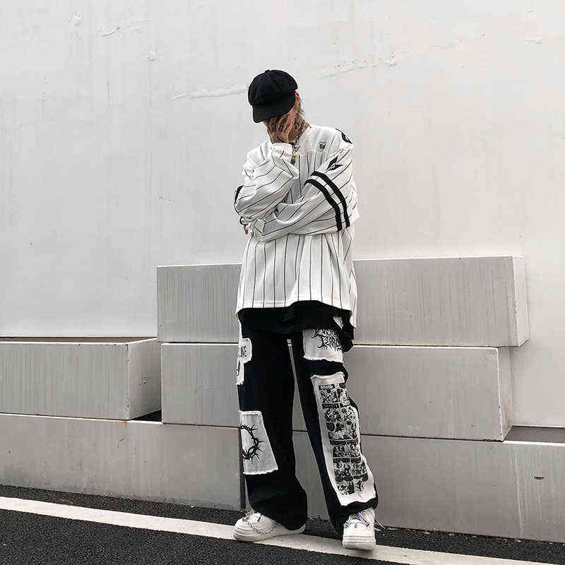 Tideshec Manga Patch Pants Men's Ins Harajuku Trousers Casual Loose Straight Wide Leg Black Stitching Patch Anime Printed Jeans 211120
