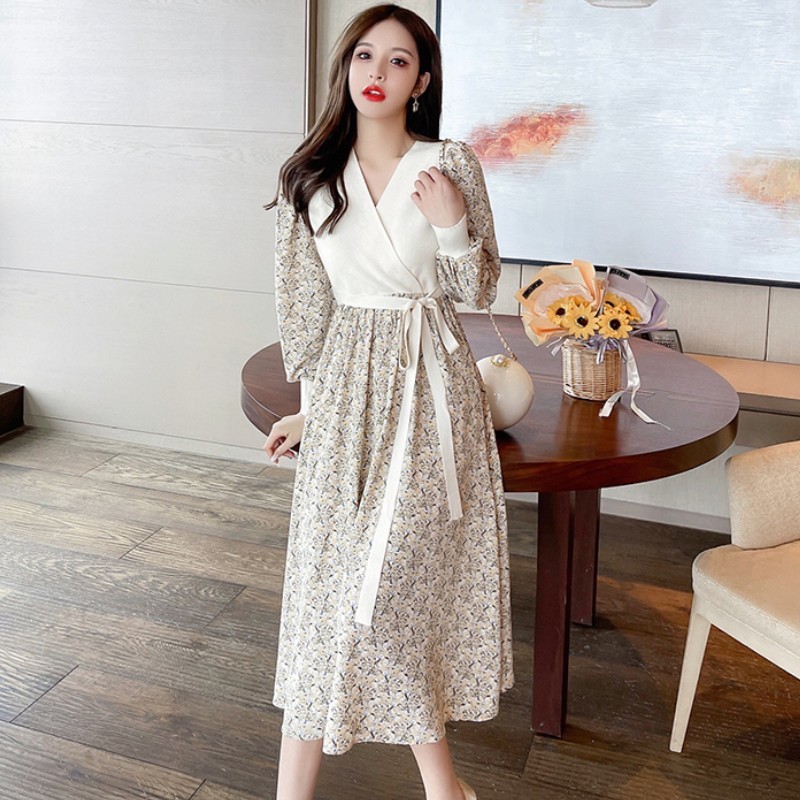 Elegant Retro Knitted Patchwork Flowers Chiffon Midi Dress Spring Fashion V-Neck Long Sleeve High Waist Slim Female Vestido 210519