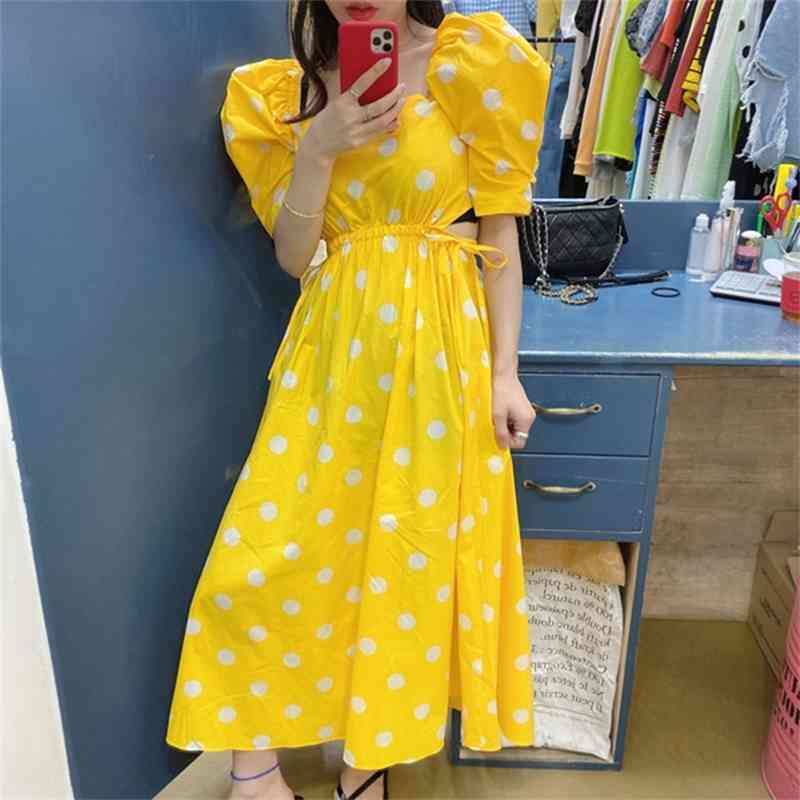Elegant Vintage Polka Dot Print square collar Summer Midi Dress Korean Women puff sleeve Sexy slim Hollow out waist dress 210519