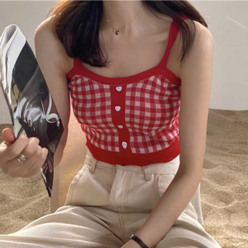 WOMENGAGA Sweet check candy short vest summer top's bottom Knitted Top tank red sexy women korean P8BU 210603