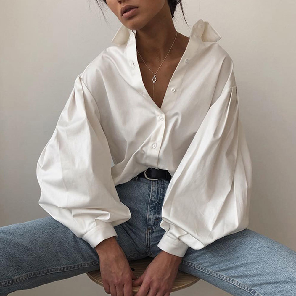 Lantern Sleeve Elegant Shirt Sexy V Neck Button Vintage Blouse Turn Down Collar Office Lady Loose Oversized Female Casual 210428