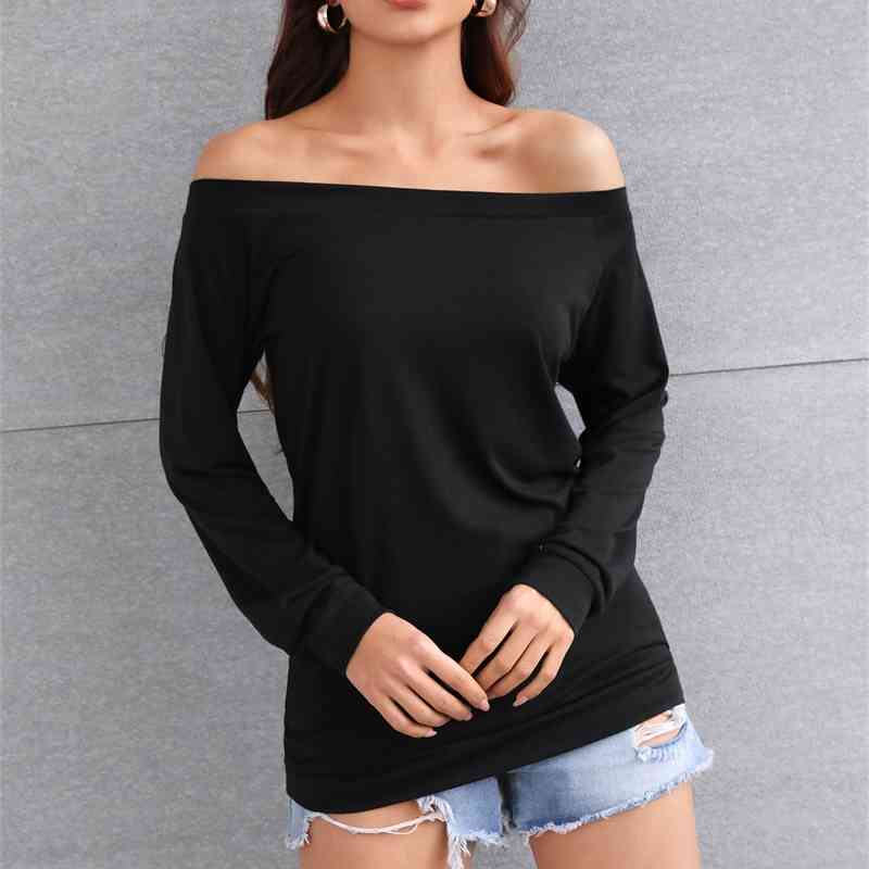 2021 spring and summer women' long sleeve fashion one neck off shoulder solid color T-shirt, Black
2021 spring and summer women' long sleeve fashion one neck off shoulder solid color T-shirt, Black