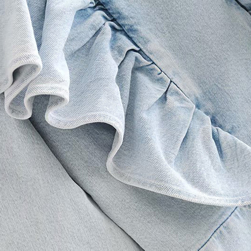 Ruffles O Neck Cowboy Mini Dress Long Sleeve Zipper Chic es Light Blue Color A Line Women Vestidos Mujer XS-L 210515