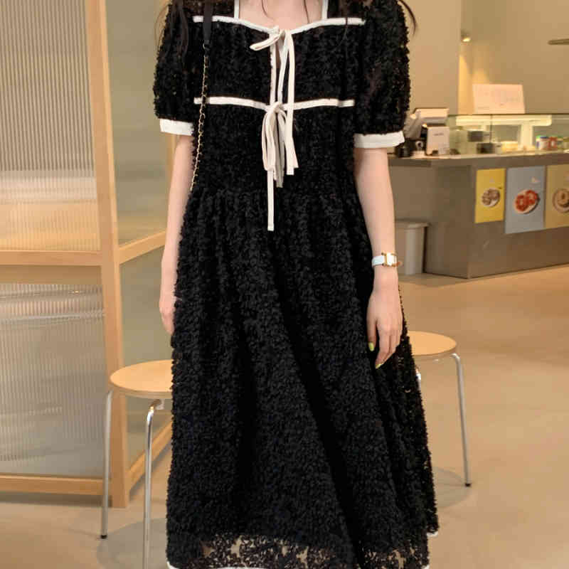 Nomikuma Korean Chic Elegant Woman Dress Rose Jacquard Hit Color Bow Tie Vestidos Femme Puff Sleeve Square Collar Dresses 6H131 210427