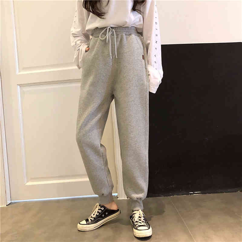 Nomikuma Womens Pants Lace Up Stretch High Waist Long Trousers Autumn Winter New Thicken Harem Sweat Pants Feminimos 6C258 210427