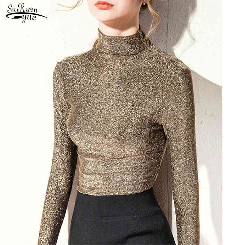 Blusas Mujer Shining Fitness Shirt Women Bright Silk Screen solid Female Autumn Winter Long Sleeves Plus Size 7649 50 210508