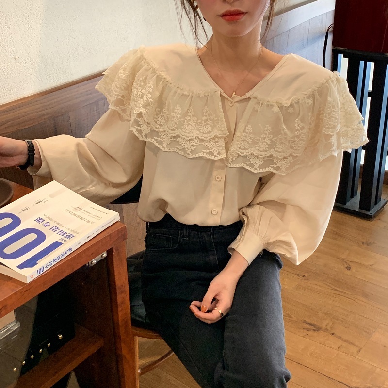 Comelsexy Women Chic Spring Shirts Retro French Gentle Long Sleeves Big Collar Lace Sweet Elegance Blouse Female Tops 210515