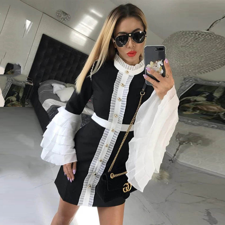 Free Elegant Women Dress Round Neck Ruffle Sleeve Single Breasted Bodycon Mini Club Party Vestidos 210524