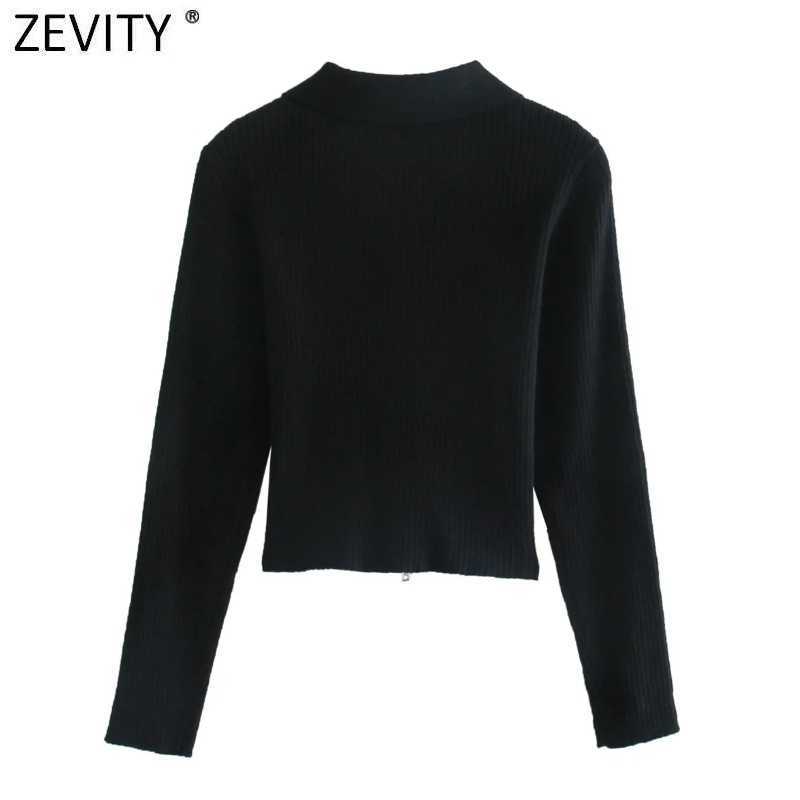 Zevity Women Fashion Solid Turn Down Collar Double Slider Zipper Knitting Sweater Femme Long Sleeve Chic Cardigan Coat Tops S486 210603