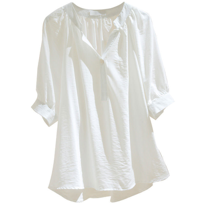 Summer Women Shirt Plus Size Loose Casual V-neck White Blouse Cotton Female Half Sleeve Solid Tops And Blouses Lady Clothes D77 210512