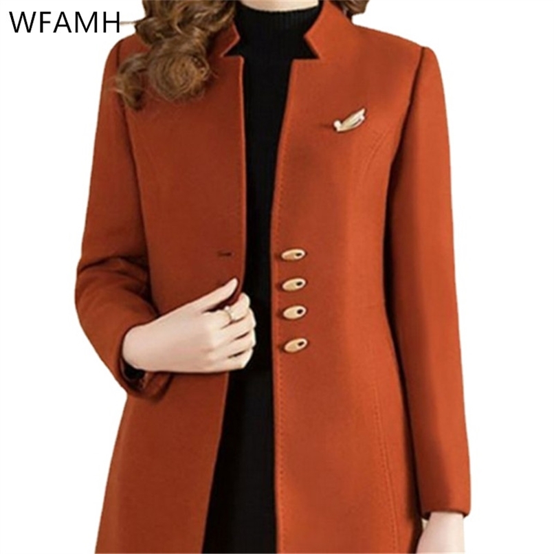 autumn and winter women's suit collar single-breasted loose fashion windbreaker woolen coat mid-length Polyester Full 211130