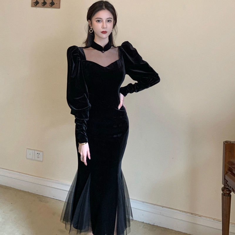 French Vintage Black Dress Women Spring Long Sleeve Slim Evening Party Dress Female Gothic Dress Koran Winter 210521