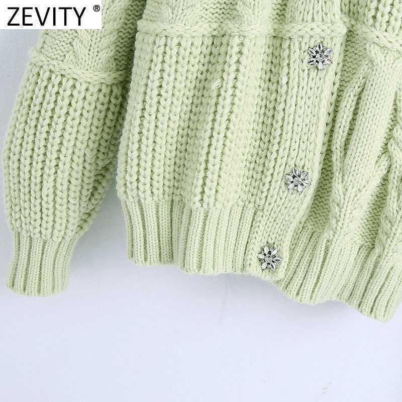 Zevity Women Fashion V Neck Patchwork Cardigan Knitting Sweater Female Chic Long Sleeve Diamond Buttons Casual Outwear Tops S566 210603
