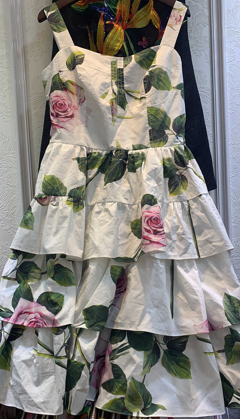 Fashion Cotton dress Summer Women's Dress Spaghetti strap Backless Floral Print White Cascading Ruffle Dresses 210524