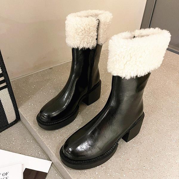 Boots Women 2021 Zipper Plush Winter Footwear Female Shoes Round Toe Fur Med Rock Rubber Mid Calf Mid-Calf Ladies Solid Mid-