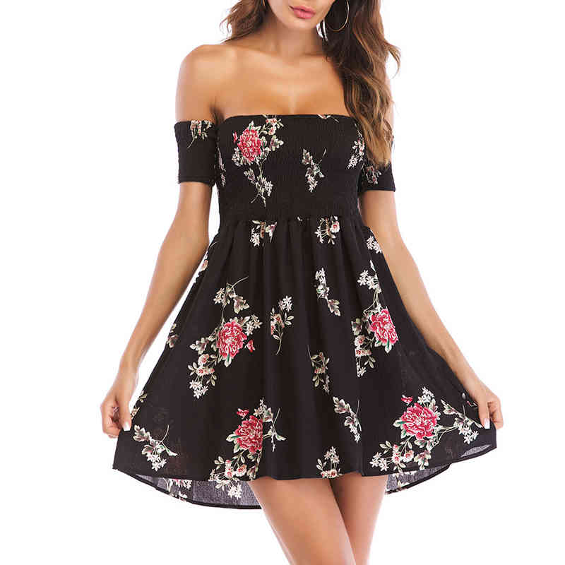 Sexy Off Shoulder Dresses Summer Night Party Fashion Print Seaside Holiday Chiffon Women Robe Femme 14132 210508