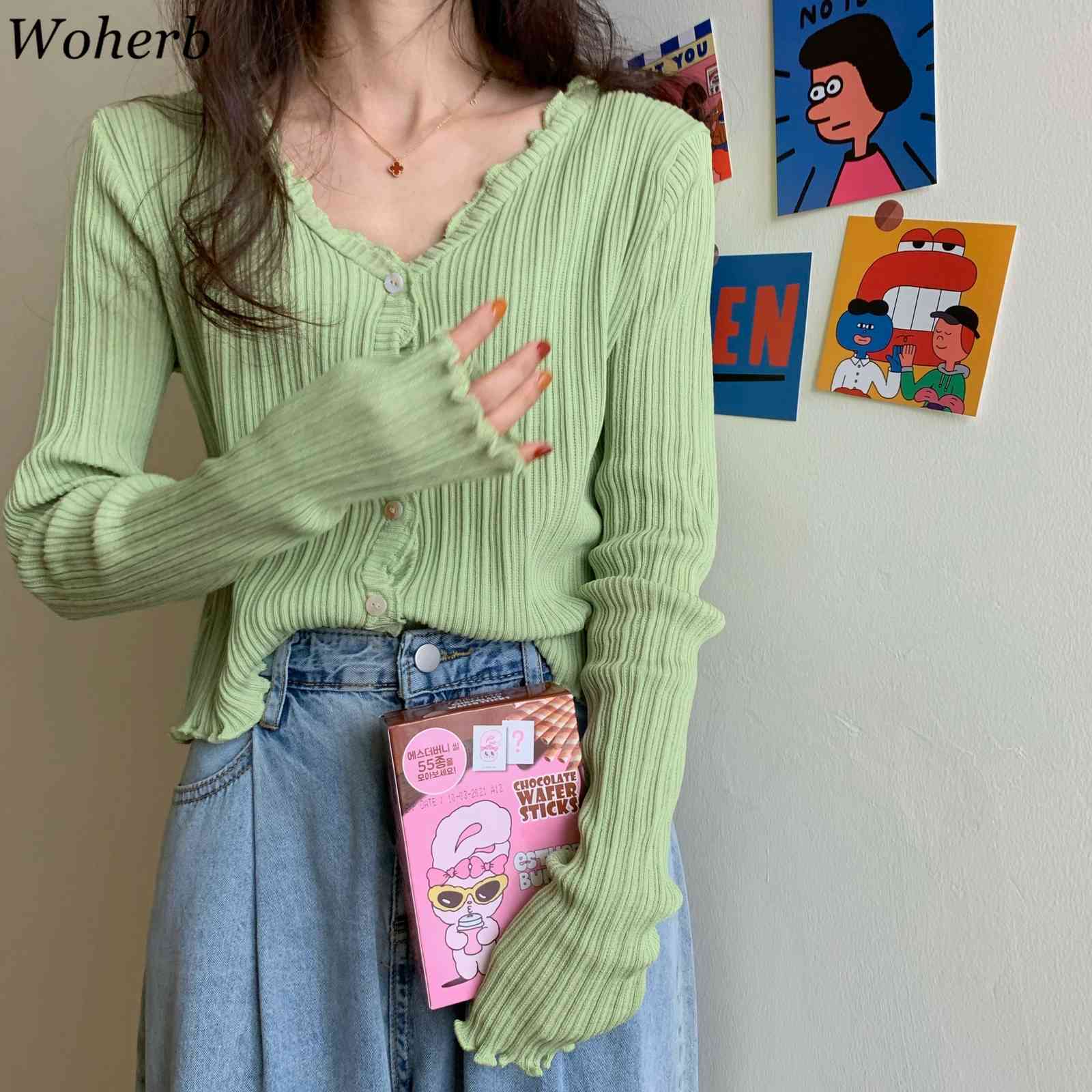 Casual Women Spring Autumn Thin Cardigan Solid Sweet Ruffle Korean Crop Kardigan Lady Chic Sweaters Pull Femme 210519