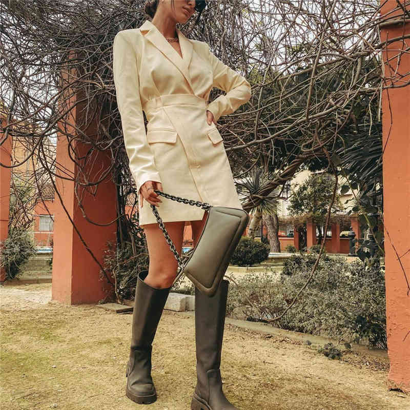 Elegant Woman Beige Slim Blazer Mini Dress Spring Casual Office Ladies A-Line Dresses Female High Waist 210515