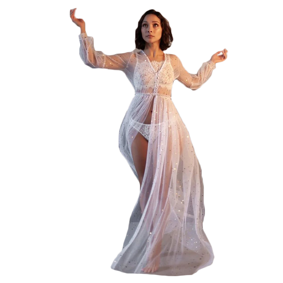 Ladies Lace Robe Sexy See-Through Gowns Fluffy Photography Bridal Robes Marabou/Charmeuse Dressing Gown Party Gifts Bridesmaid Dress