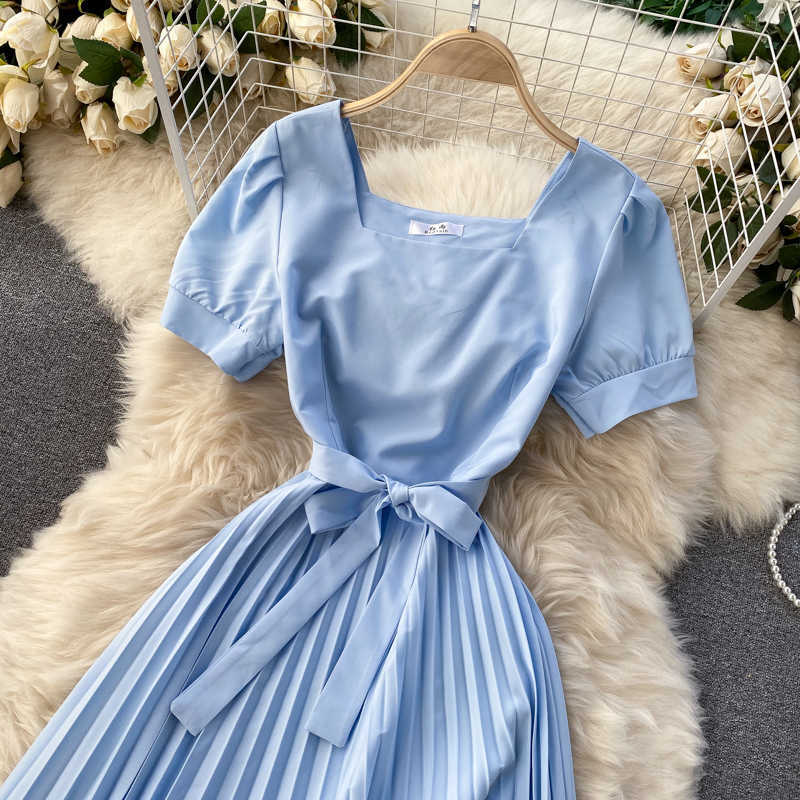 DEAT Summer Arrivals Solid Color Short Sleeve Square Collar High Waist Slim Pleated A-line Midi-Long Dress MZ693 210709