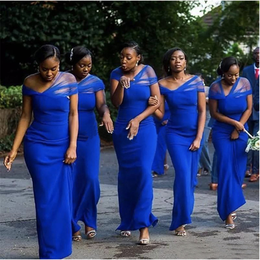 Royal Blue African Bridesmaid Dresses Wholesale 2021 Strapless Floor Length Elastic Satin Straight Wedding Party Gowns Cheap