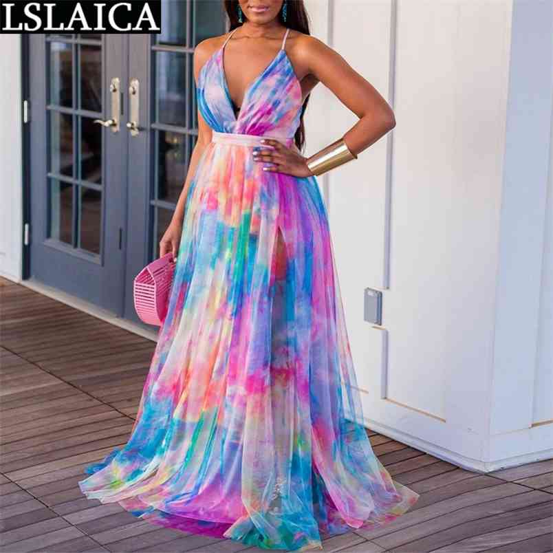 Sale Summer Dress Deep V Neck Backless Africa Style Print Big Swing Fashion Suspender Dresses for Women Party Long Robe 210515