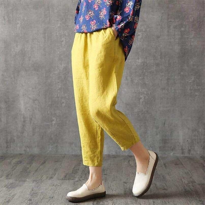 Shimai Vintage Plus Size Cotton Women Pants Summer Elastic Waist Loose Casual Korean Women's Pocket Linen Trousers 211115