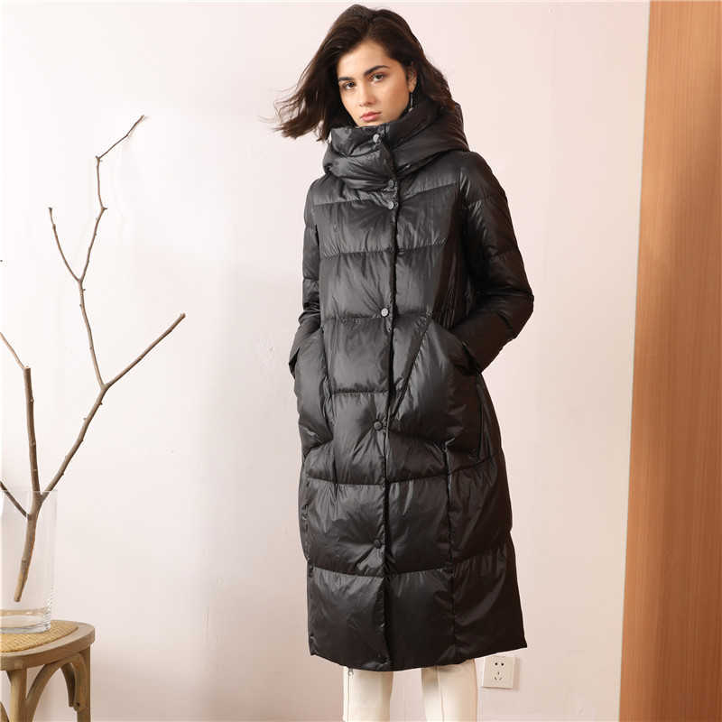 Janveny Women Loose Long Down Coat 90% White Duck Jacket Hooded Winter Plus Size Overcoat Female Thick Warm Feather Parkas 211013