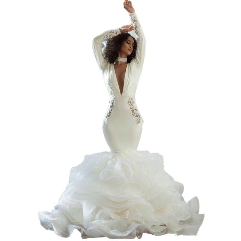Sexy Open Back Mermaid Wedding Dresses Turkey Tiered Tiers Lace Ruffles Deep V Neck Long Sleeves Bridal Gowns African Puffy Fishtail Bride Dress Plus 