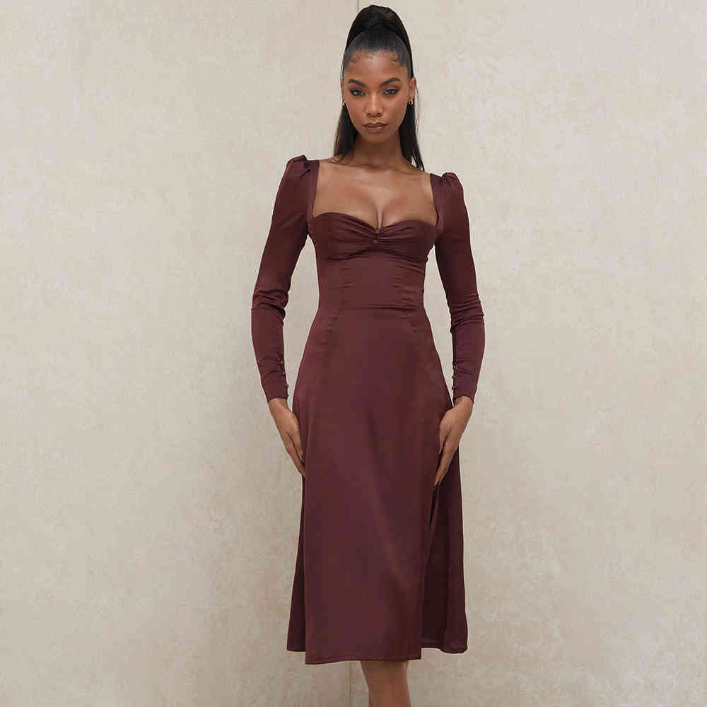 Summer Women Elegant Wine Red Midi Club Dress Sexy Long Sleeve Fashion Celebrity Evening Runway Party Lady 210423