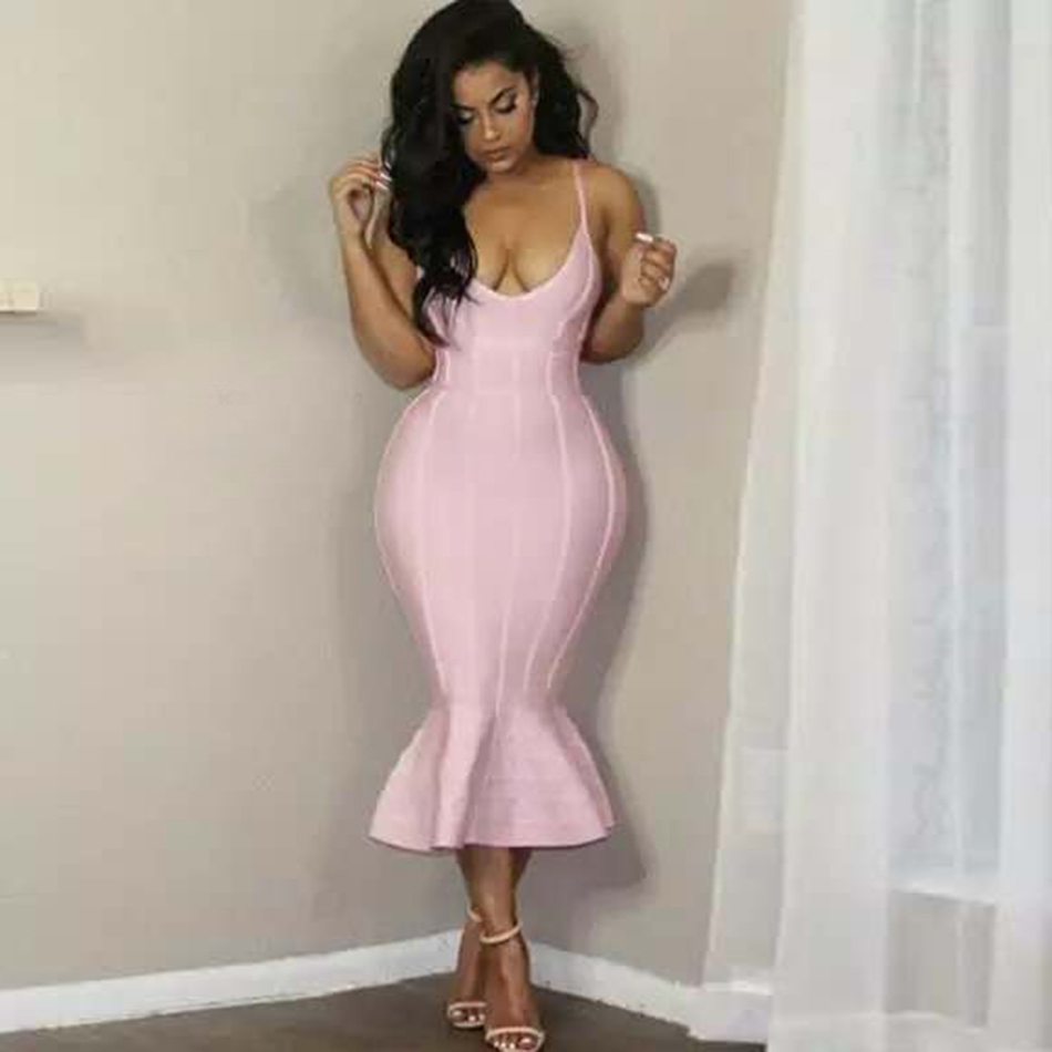 summer women's pink bandage dress Bodycon Vestidos spaghetti with mermaid sexy club celebrity party 210524