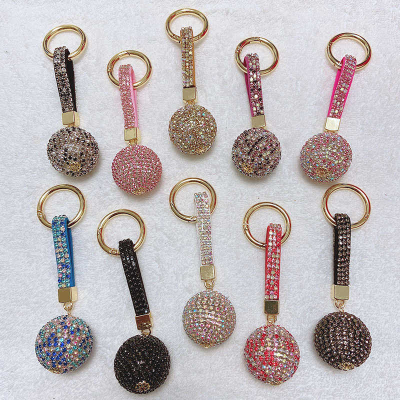 Key Rings Elegant Crystal Ball Keychain Full Water Diamond Leather Shoulder Strap Lace Bag Charm Pendant Car Keyring Bracket Jewelry Gift G230526