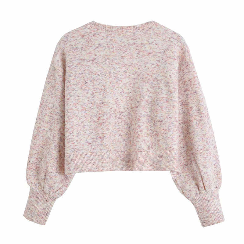 Elegant Women Pink Sweaters Fashion Ladies O-Neck Button Knitted Coats Streetwear Female Chic Lantern Sleeve Cardigan 210527