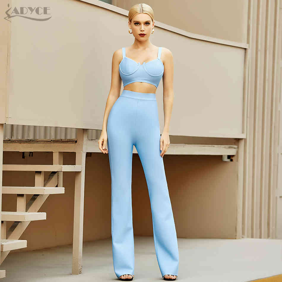 Summer Women Blue Bandage 2 Two Pieces Sets Sleeveless Tops& Full Pants Club Celebrity Runway Party Casual 210423
