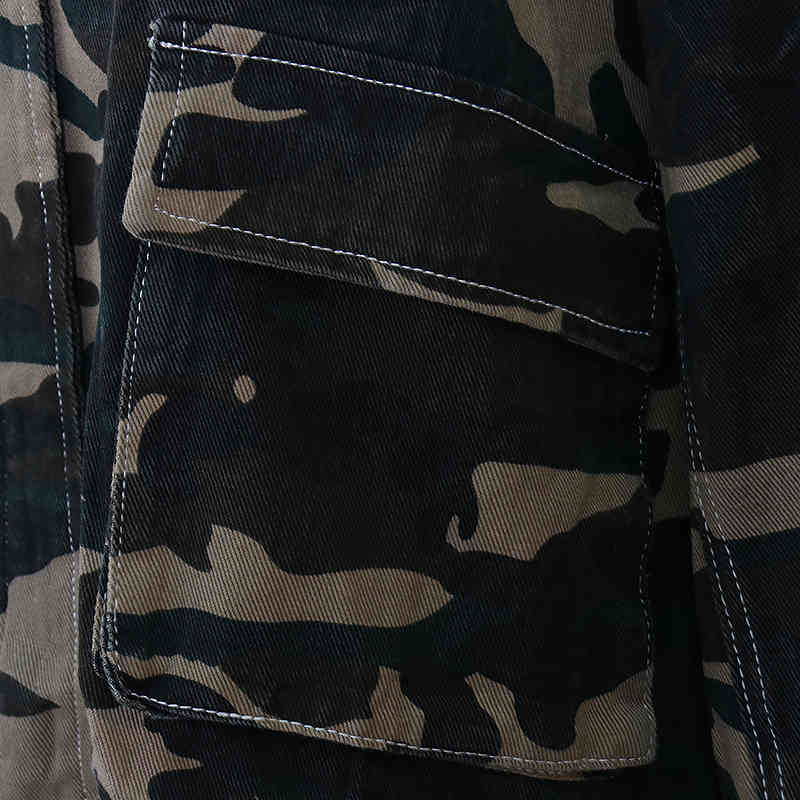 VGH Print Camouflage Jacket For Women Stand Collar Drawstring Oversized Casual Jackets Female Fall Fashion New Clothing 210421