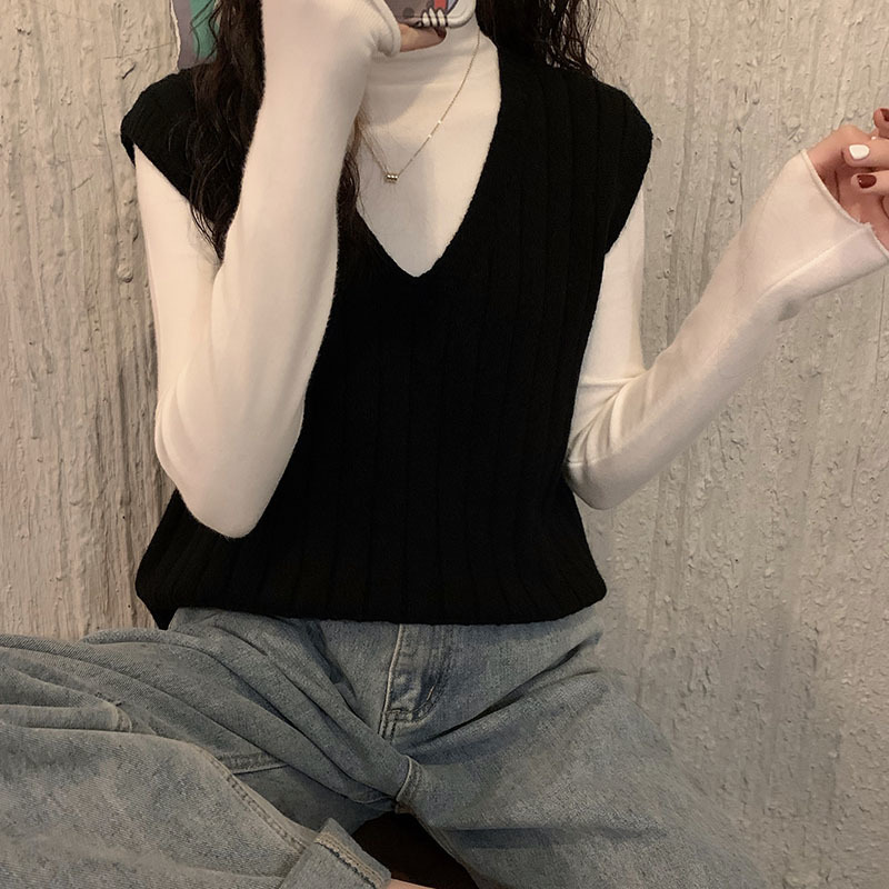 Women Solid Retor Loose V-neck Trick Striped Sweater Vest Autumn Spring Female Knitted Tank Vests with Bottoming Tops 210514