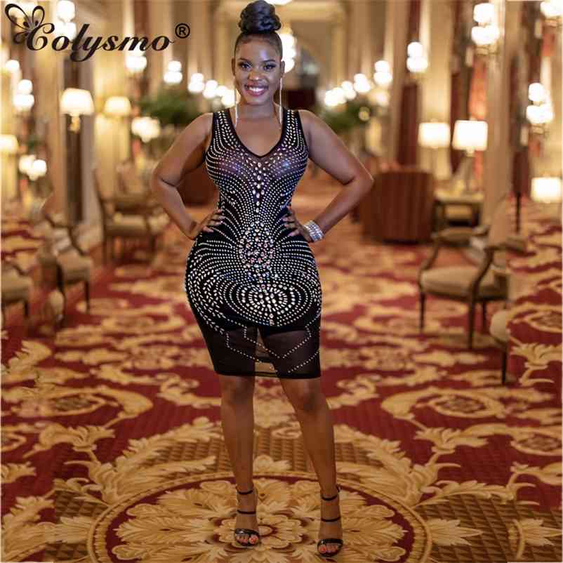 Colysmo Black Midi Dress Sparkling Diamond Hollow out V Neck Sleeveless Sexy Bodycon for Women Party Club Chic Vestidos 210527