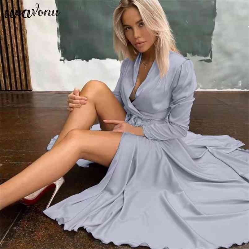 Free Elegant Women's Midi Dress Sexy V-neck Long Sleeve Belted Split Celebrity Club Party A Line Vestido 210524